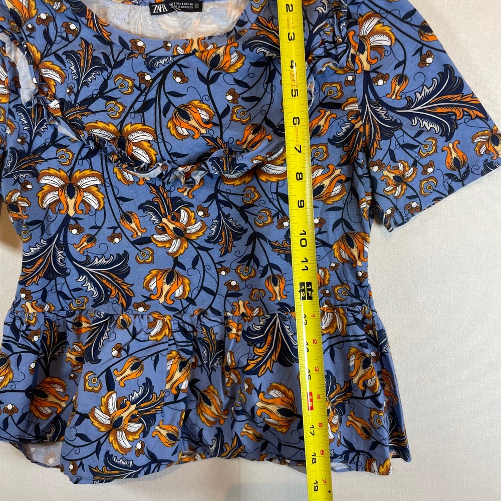Zara Floral Ruffle Peplum Top Blue Orange Boho Short Sleeve‎ - Size S - Picture 6 of 7